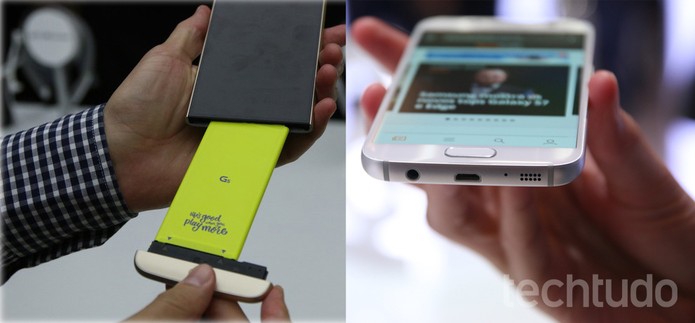  À esquerda, LG G5 com bateria removível solta; à direita, Galaxy S7 com bateria fixa não removível (Foto: Montagem/TechTudo)