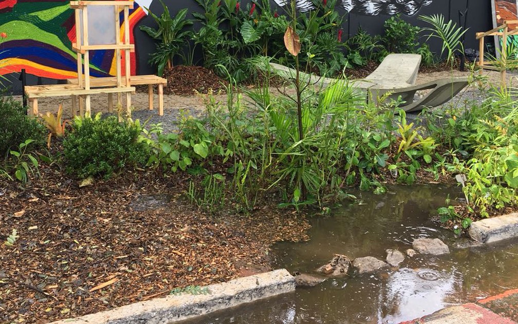 Jardim de chuva 'funcionando', alagado, em frente à Casa Cor, no bairro do Morumbi, Zona Sul de São Paulo (Foto: Divulgação/Zoom Urbanismo, Arquitetura e Design)