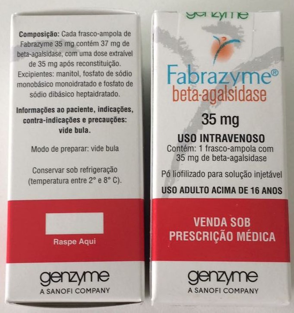 Caixa de Fabrazyme, medicamento que chega a custar R$ 20 mil (Foto: Laís Serrão/VC no G1)