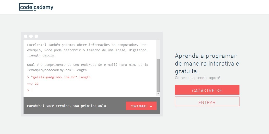 A interface da codecademy em português (Foto: Reprodução)