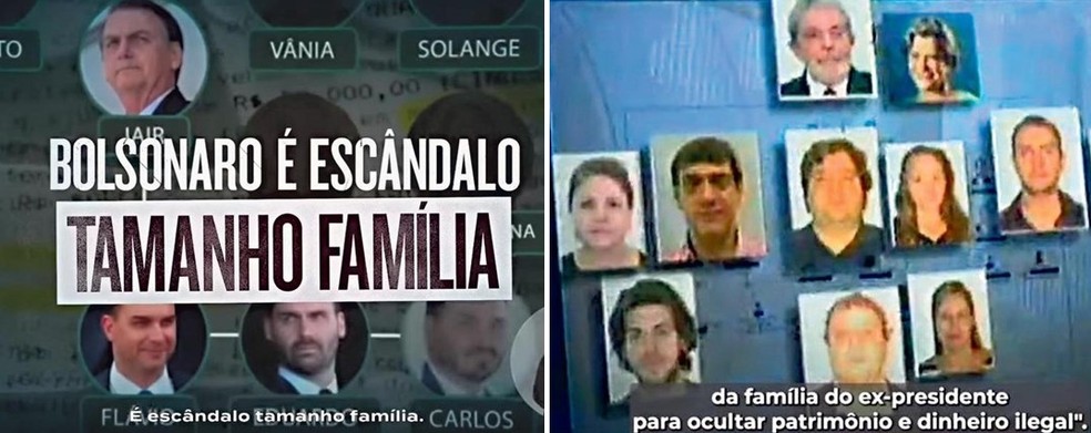 Inserção do PT cita rachadinha e compra de imóveis; já o candidato do PL lembra denúncia contra família de Lula — Foto: Reprodução