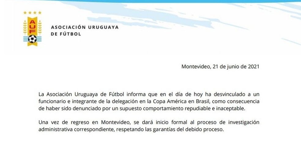 Nota da Associação Uruguaia de Futebol sobre caso de assédio em Cuiabá — Foto: Reprodução