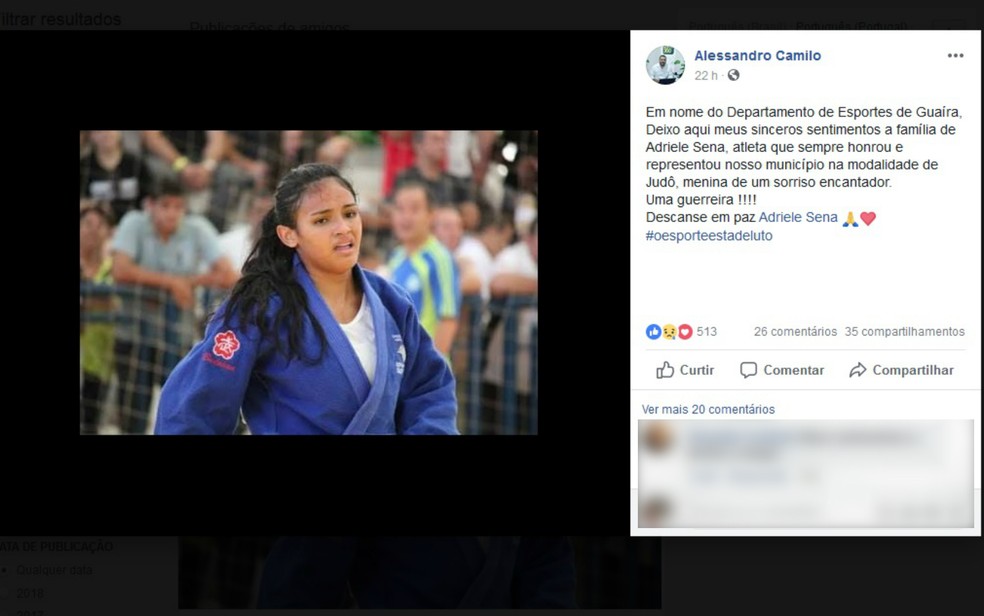 Chefe do Departamento de Esporte e Lazer de Guaíra publicou homenagem a Adriele Sena (Foto: Reprodução/Facebook)