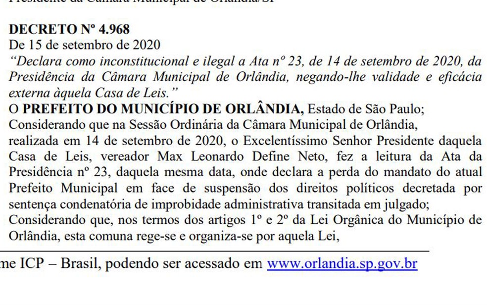 Decreto municipal suspende efeitos de ato da Câmara dos Vereadores de Orlândia, SP — Foto: Reprodução