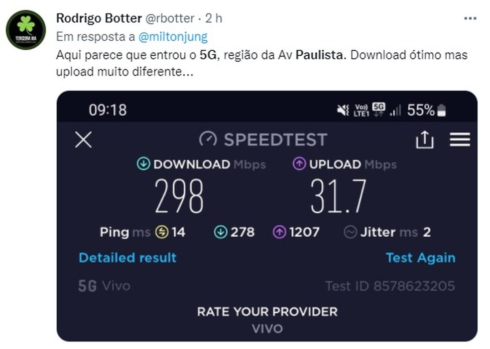 Usuário das redes sociais comenta chegada do sinal 5G à cidade de São Paulo nesta quinta-feira (4) — Foto: Reprodução/Twitter