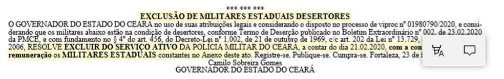 Trecho publicado em Diário Oficial do Estado — Foto: reprodução
