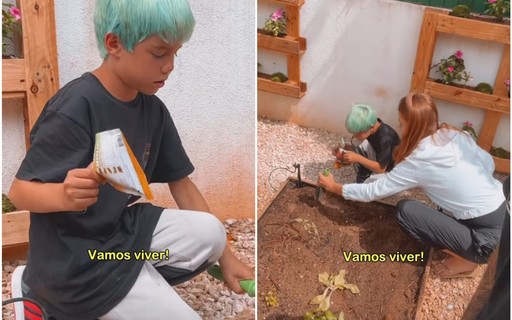 Pedro Scooby mostra filhos e Cintia Dicker plantando em horta caseira