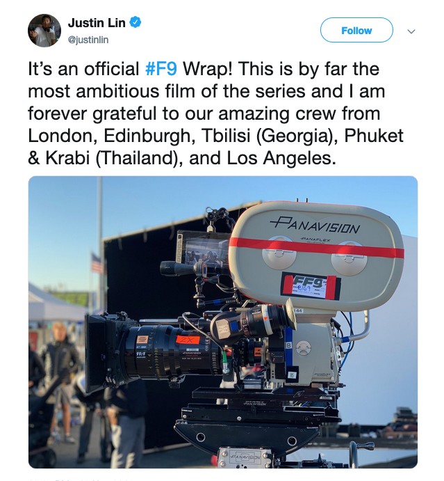 O post do cineasta Justin Lin anunciando o fim das filmagens do nono longa da franquia Velozes e Furiosos (Foto: Twitter)