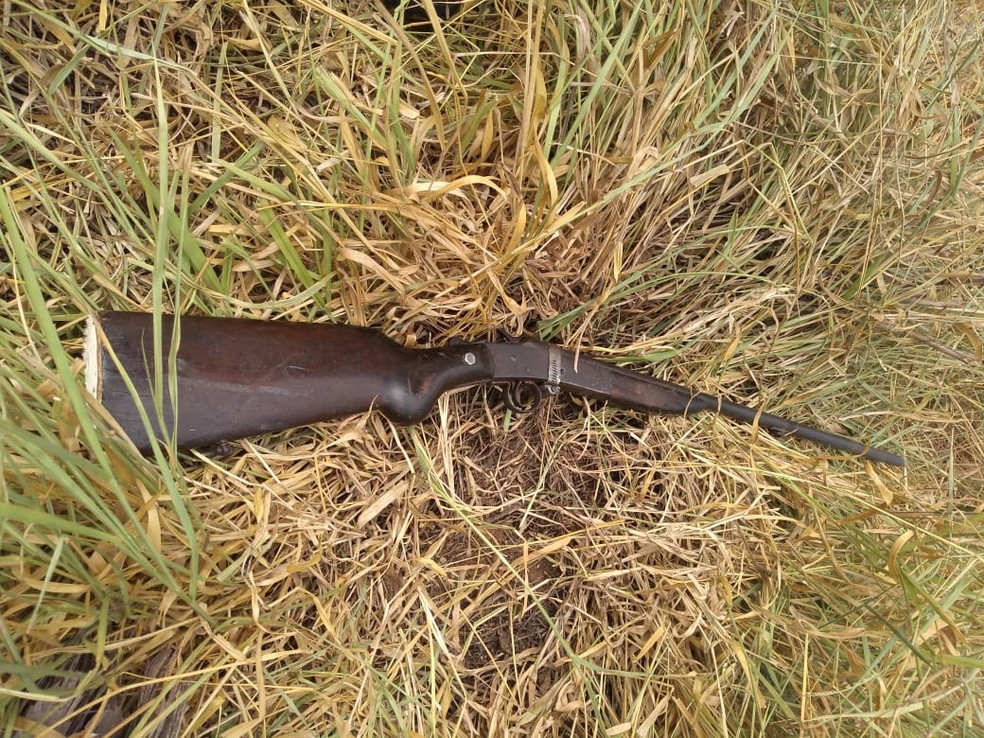 Rapaz utilizou uma espingarda para abater o jacaré em Rosana — Foto: Polícia Militar Ambiental