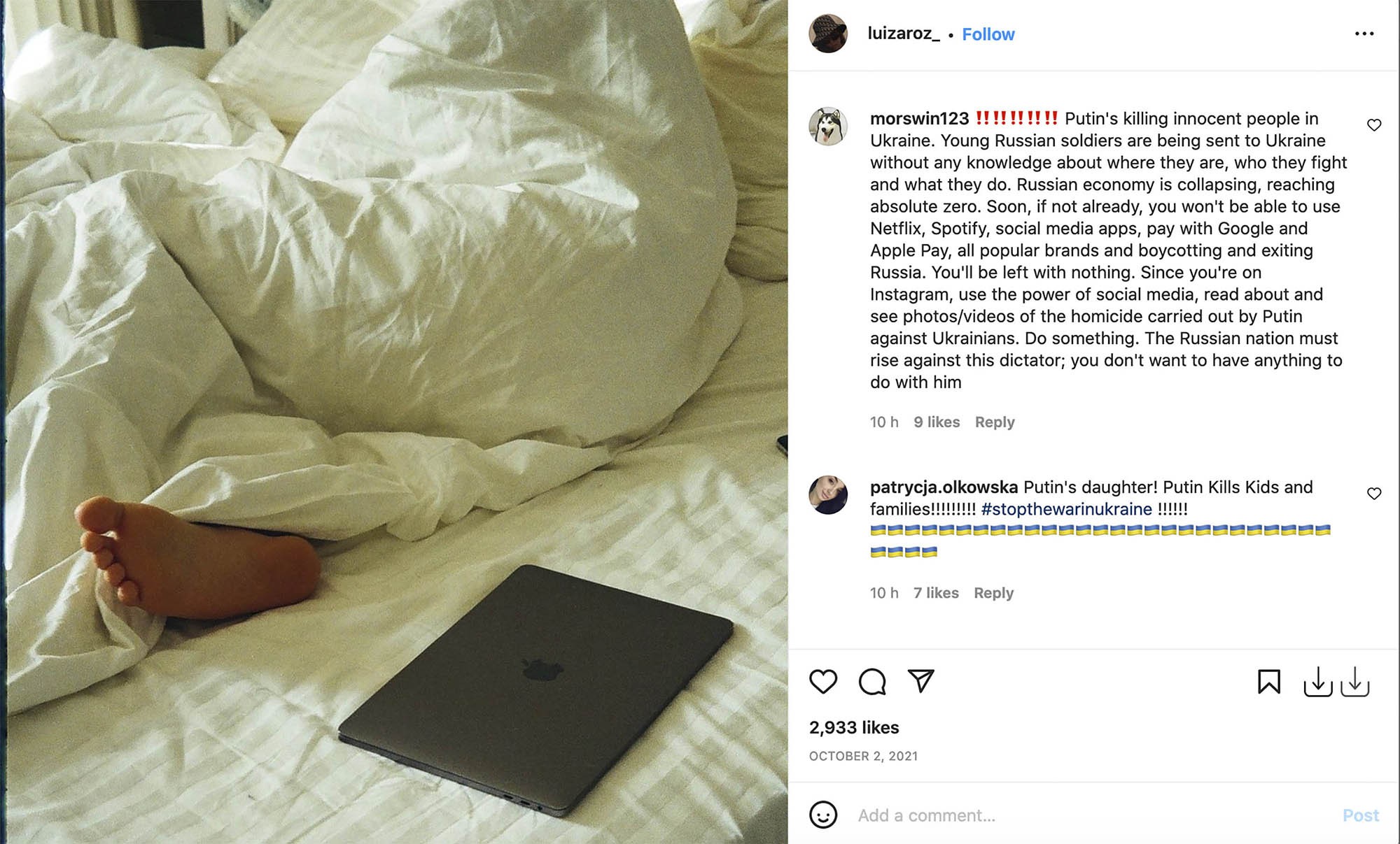 Luiza sofreu uma série de ataques e ameaças em seu Instagram após início dos ataques russos (Foto: Reprodução/Instagram)