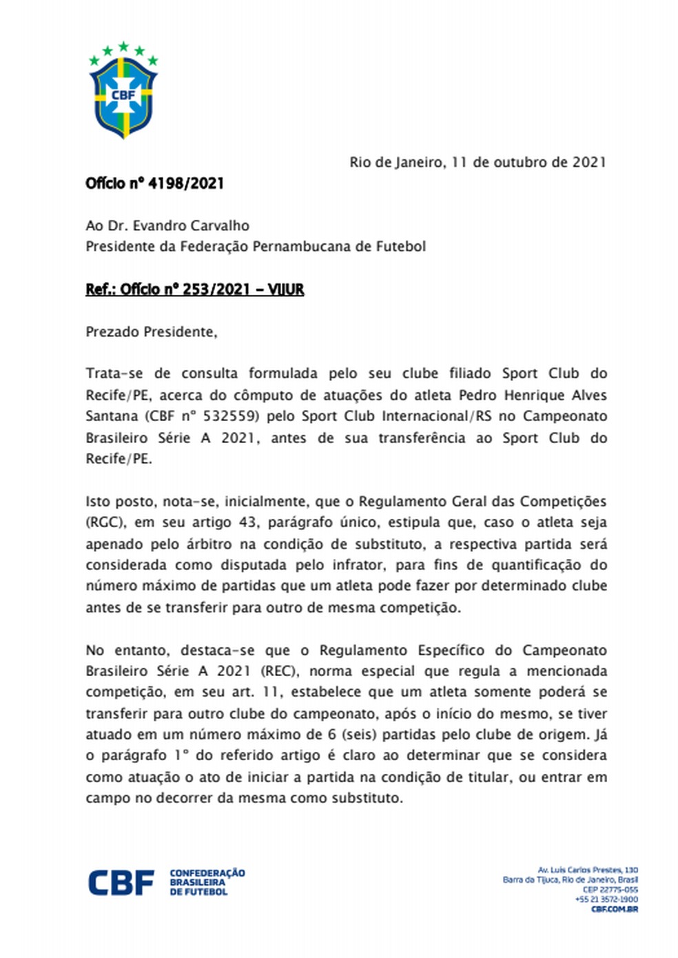 Ofício enviado pela CBF sobre o caso Pedro Henrique — Foto: Reprodução