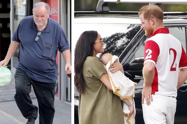 Thomas Markle; e sua filha Meghan acompanhada do Príncipe Harry e o filho do casal real, Archie (Foto: Instagram)