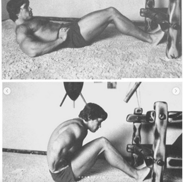Uma das fotos antigas compartilhadas pelo ator Arnold Schwarzenegger com lições de exercícios físicos a serem praticados em casa durante a quarentena do coronavírus (Foto: Instagram)