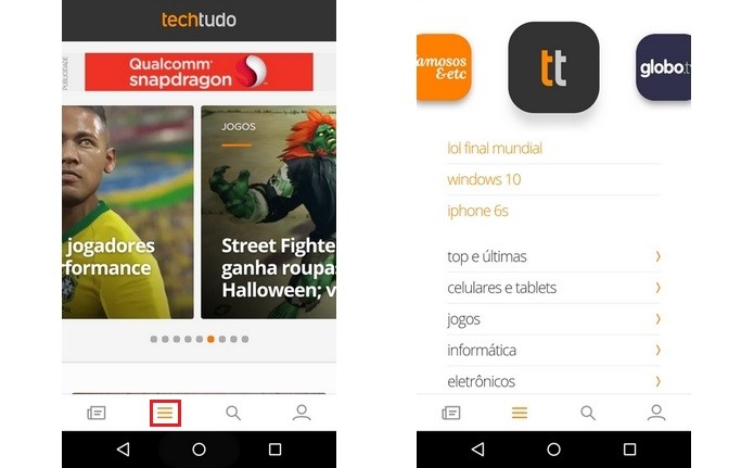 Primeira tela do menu principal do app TechTudo (Foto: Reprodução/Raquel Freire)