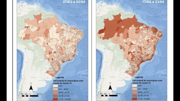 Mapa do percentual de municípios com casos segundo regiões de baixa e média complexidade de saúde segundo o REGIC 2018/IBGE 2020 (Foto: REPRODUÇÃO)