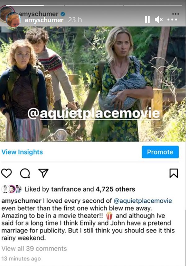 Amy Schumer deu sua opinião sobre o filme Um Lugar Silencioso: Parte II e brincou que não acredita no casamento de John Krasinski e Emily Blunt (Foto: Reprodução / Instagram)