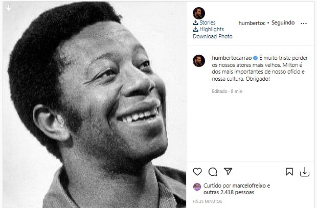 Humberto Carrão lamenta morte de Milton Gonçalves (Foto: Reprodução/Instagram)