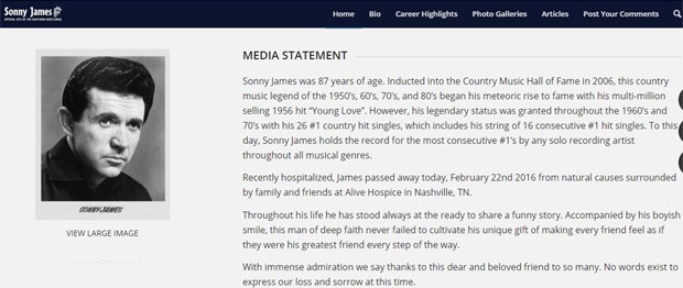 Site de Sonny James anunciou morte em nota oficial (Foto: Reprodução)