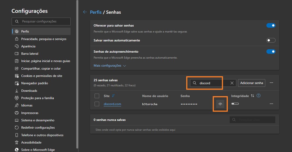 Use a busca para recuperar senhas salvas no Microsoft Edge — Foto: Reprodução/Alberto Rocha