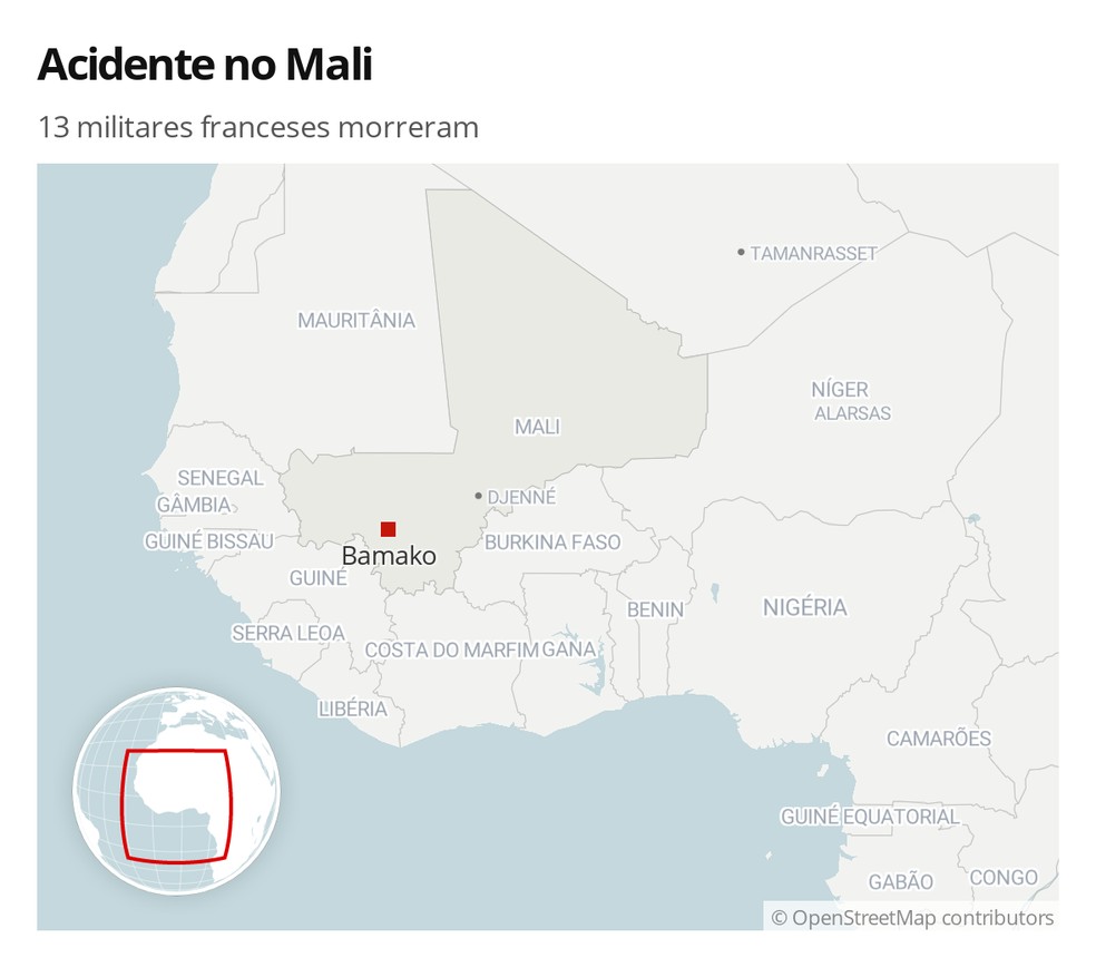 13 militares franceses morreram em acidente no Mali na noite de segunda-feira (25). — Foto: G1  
