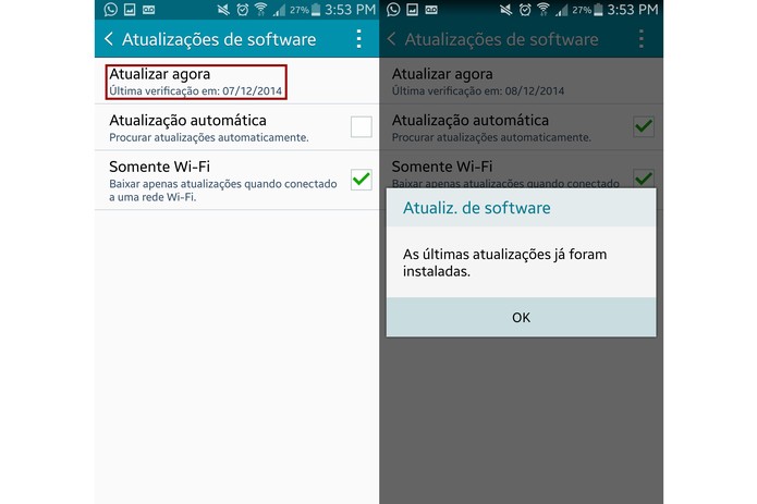 Em "Atualizações de software", escolha "Atualizar agora" no Galaxy Note 4 (Foto: Reprodução/Lucas Mendes)