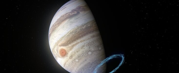 Concepção artística dos ventos estratosféricos perto do polo sul de Júpiter (Foto: Divulgação/ESO/L.Calçada & NASA/JPL-Caltech/SwRI/MSSS)