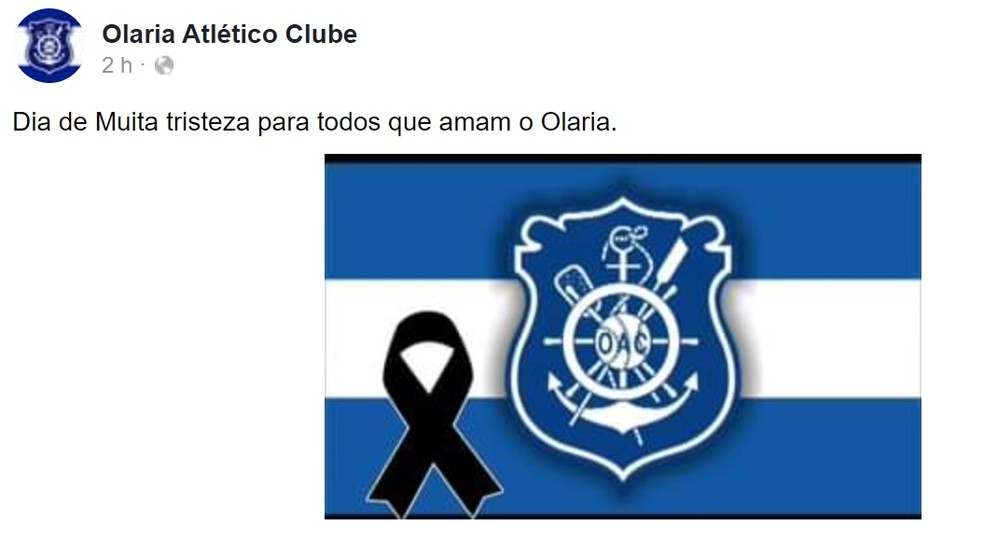 Olaria Atlético Clube sobre o falecimento de Pintinho — Foto: Reprodução Facebook