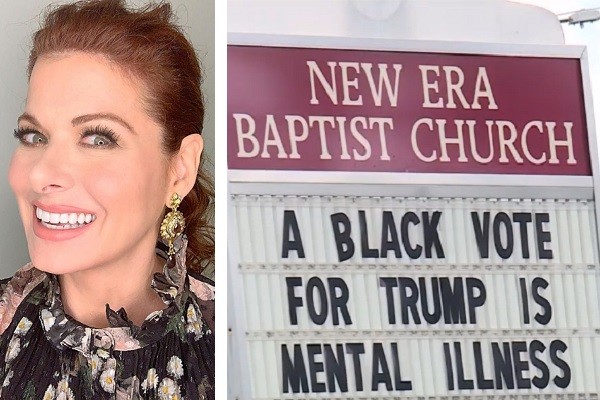 A atriz Debra Messing e o polêmico cartaz de uma igreja no Alabama (Foto: Instagram/Twitter)