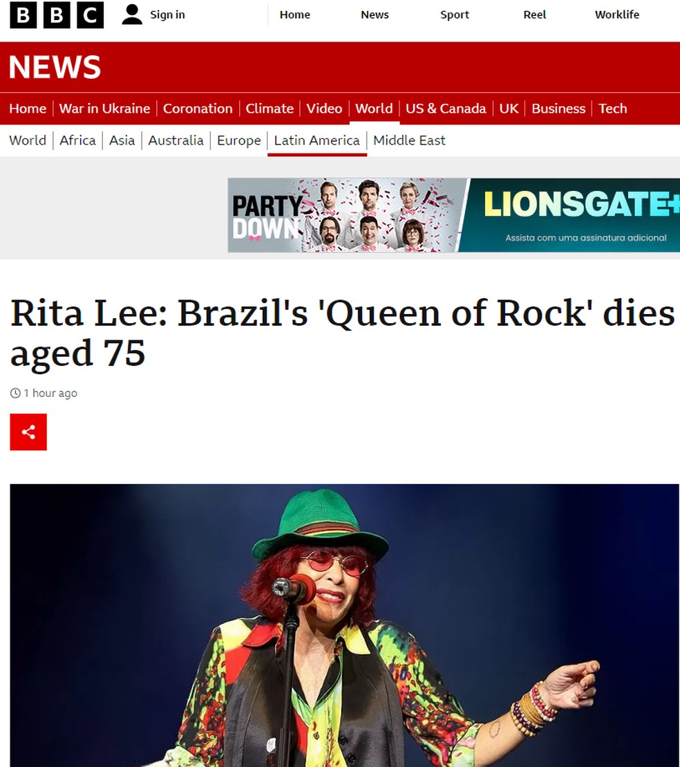 Morte de Rita Lee na BBC — Foto: Reprodução