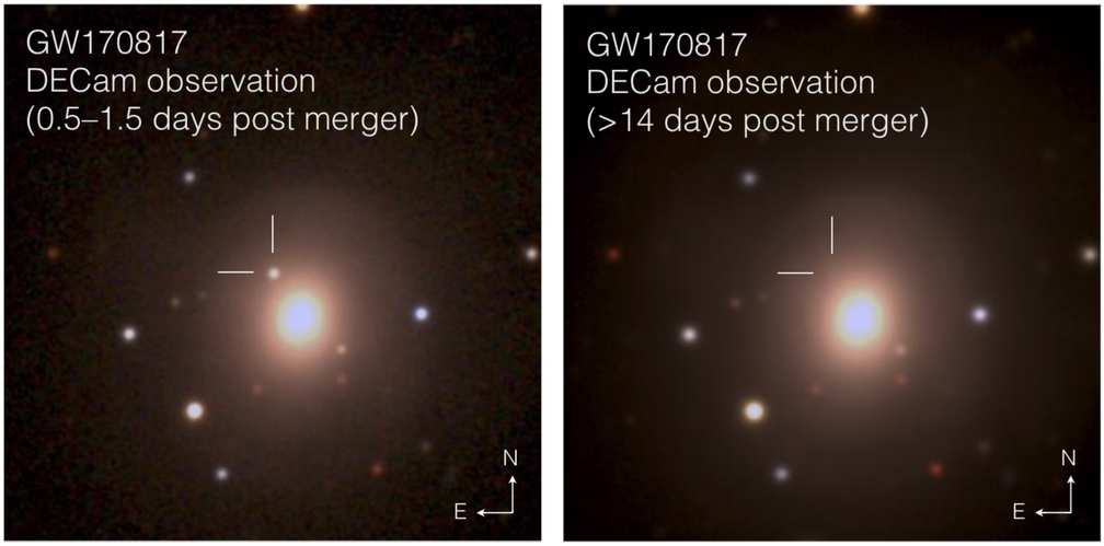 Imagens feitas em agosto, com um intervalo de duas semanas, mostram a colisão (Foto: Soares-Santos et al. and DES Collaboration)