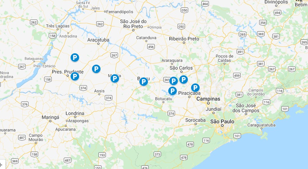 No mapa, a geolocalização das áreas de descanso — Foto: Eixo SP