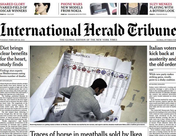 Capa da edição do 'International Herald Tribune' desta segunda (25) (Foto: Reprodução/site "International Herald Tribune")