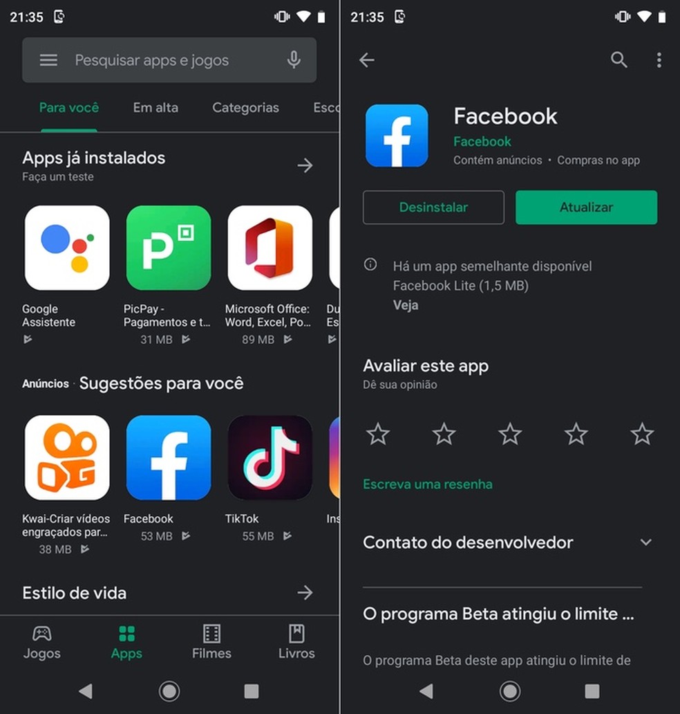 Google Play com o tema escuro ativado — Foto: Reprodução/Helito Beggiora