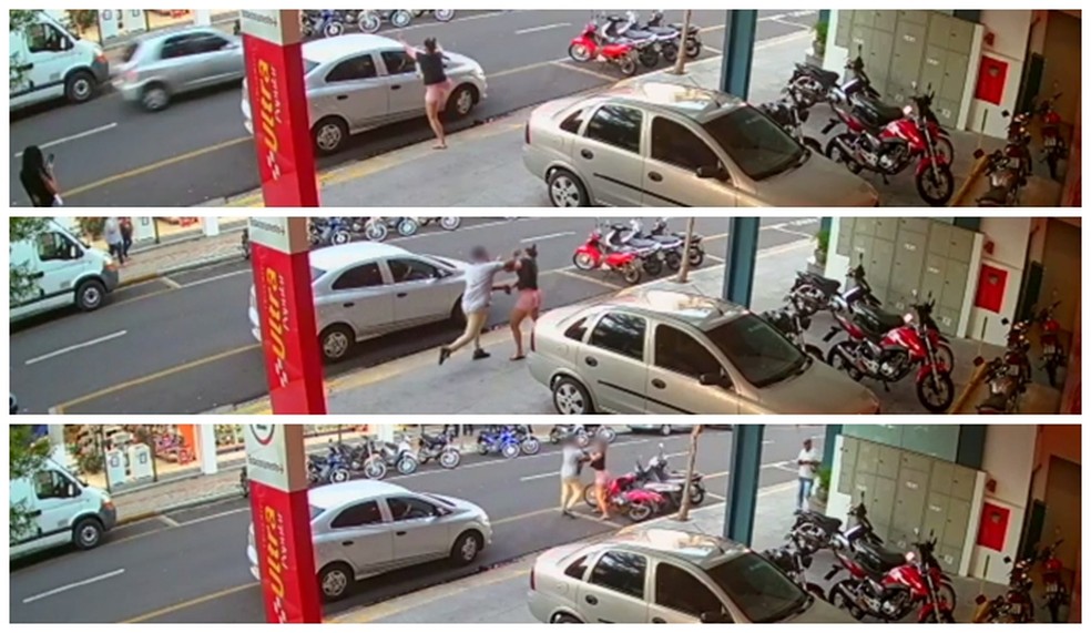 Sequência mostra mulher chutando porta e sendo agredida por motorista de aplicativo em Birigui  — Foto: Reprodução/Câmera de segurança 