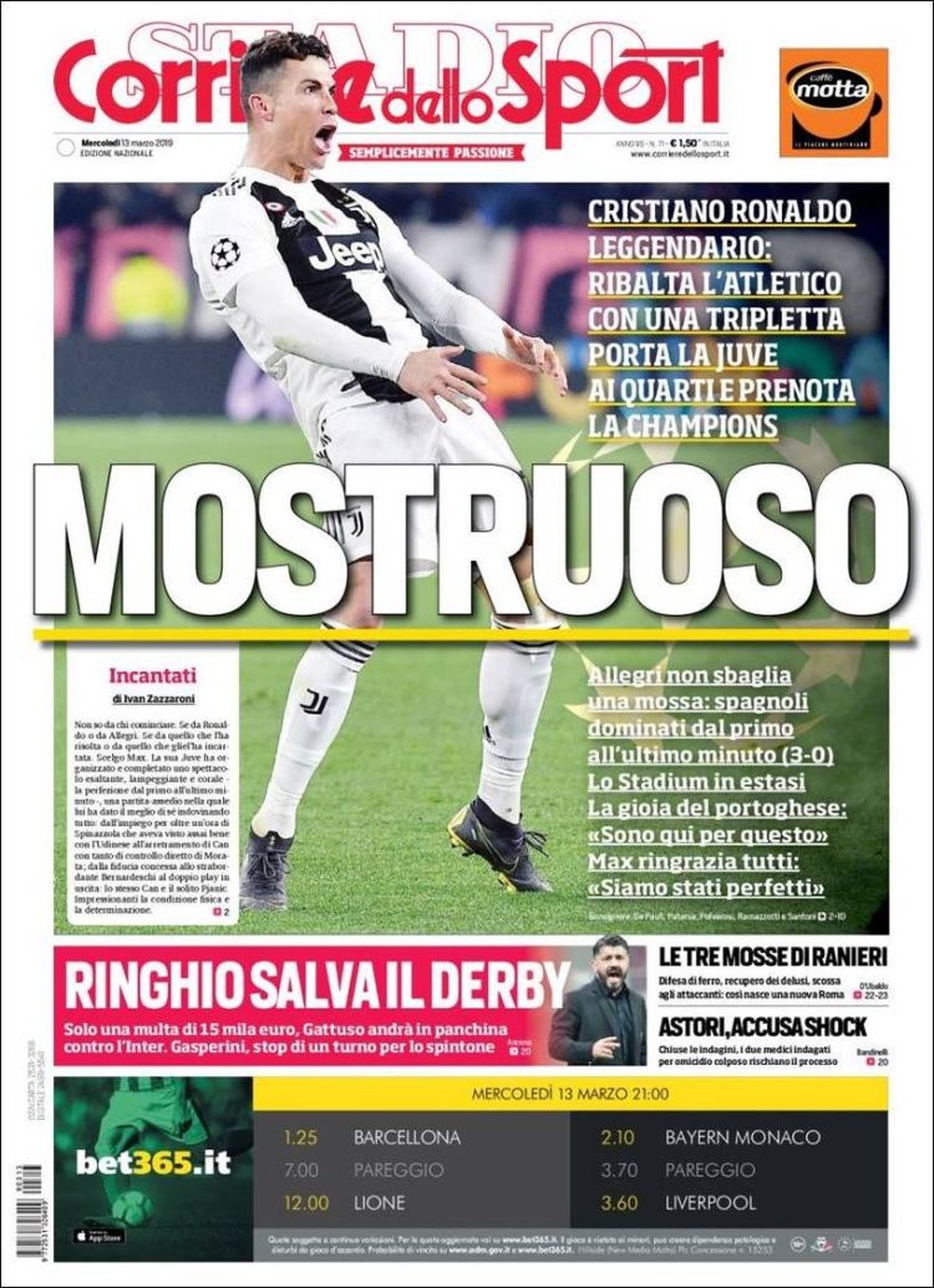 Capa Corriere dello Sport Juventus 3 x 0 Atlético de Madrid — Foto: Reprodução