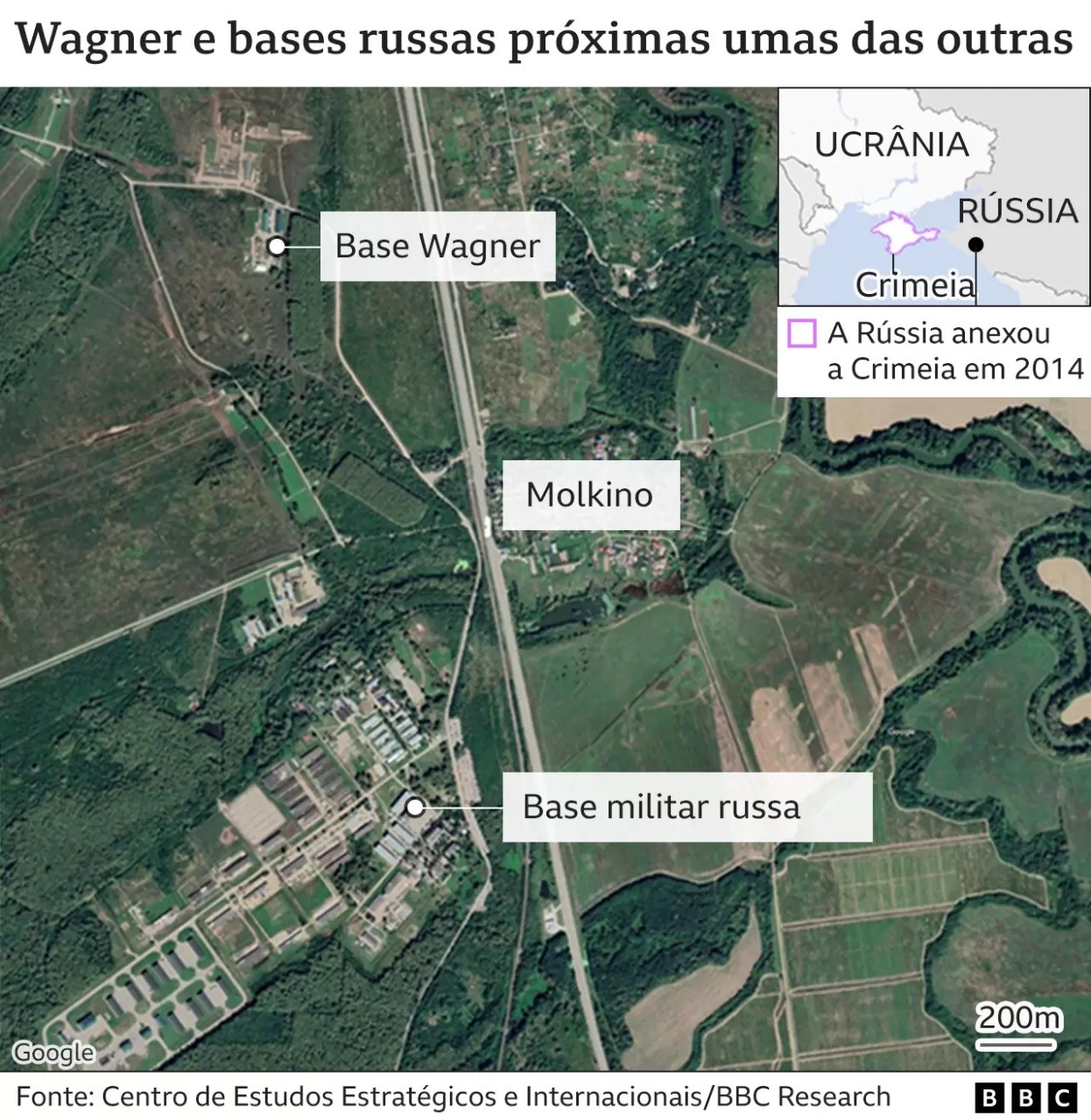 Mapa mostra localização de base do Wagner Group próxima ao Exército russo (Foto: BBC News)