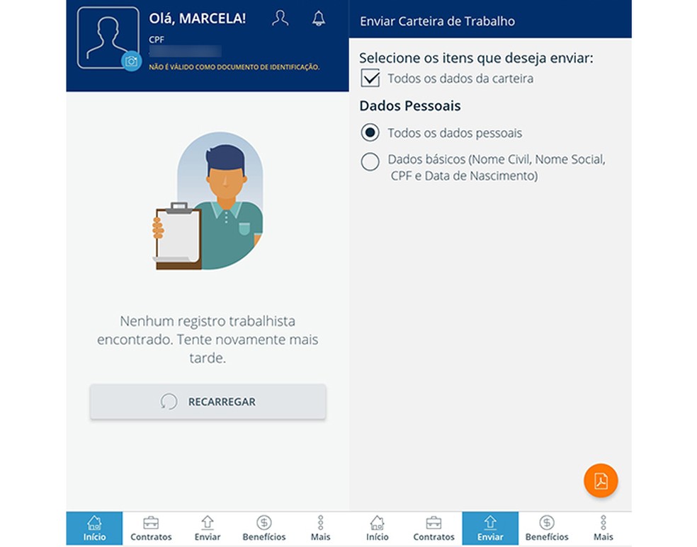CTPS digital mostra os registros trabalhistas do usuário — Foto: Reprodução/Marcela Franco