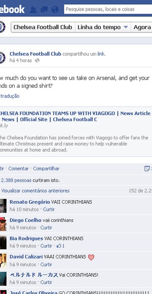 Página do Chelsea no Facebook: 'invadida' por corintianos (Foto: Reprodução)