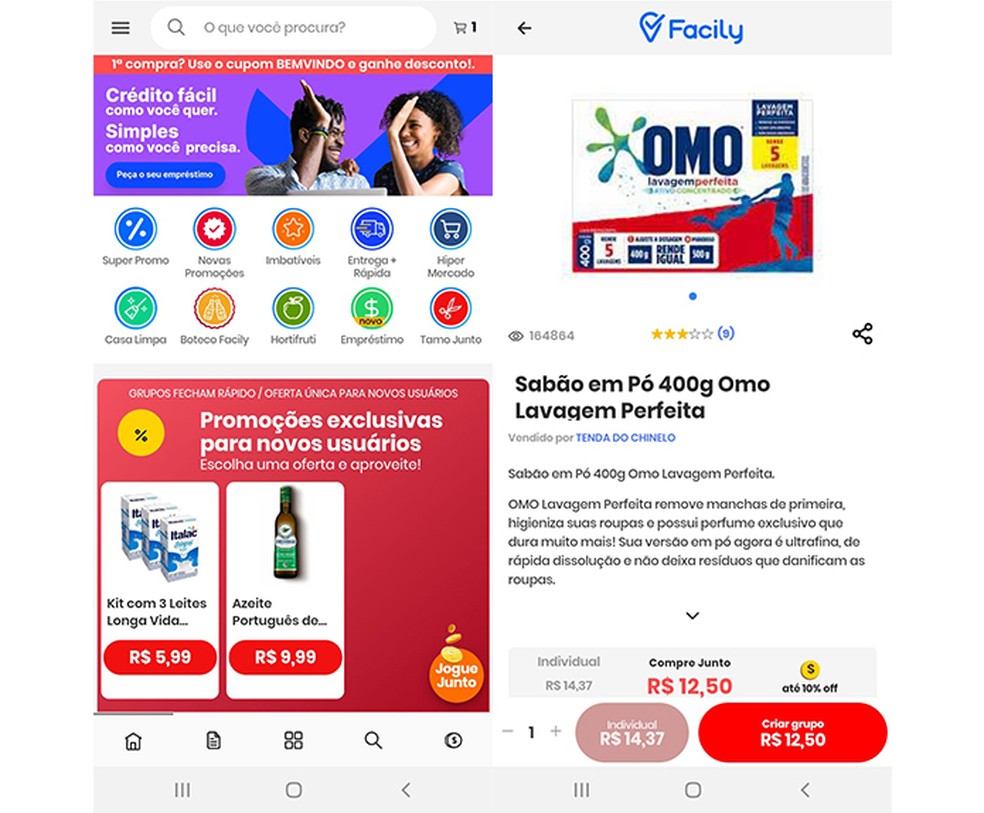 Facily promete ser um app de compras baratas — Foto: Reprodução/Marcela Franco