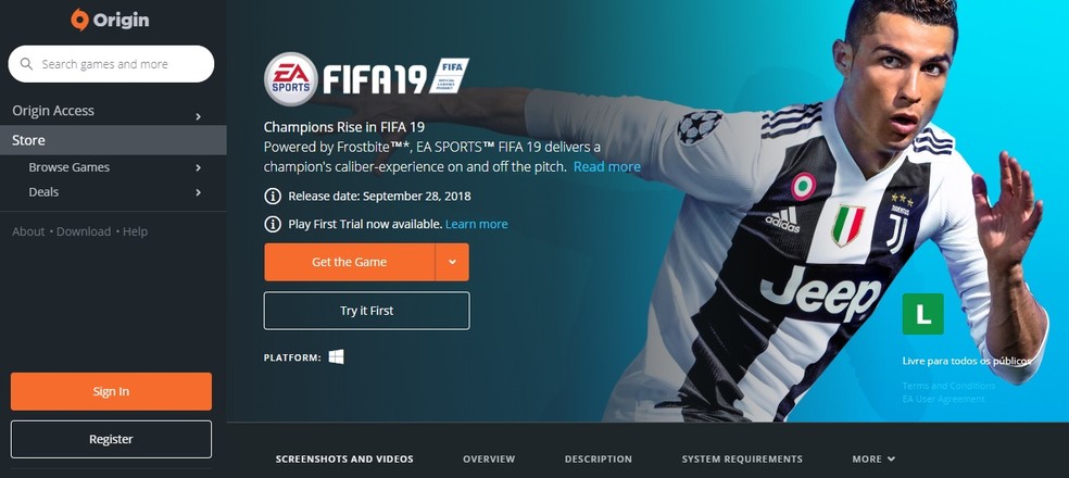 Página de FIFA 19 no Origin — Foto: Reprodução/André Mello