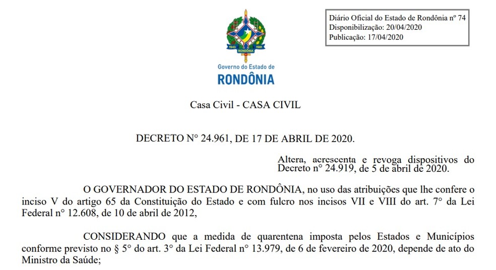 Novo decreto foi publicado nesta sexta-feira (17) em Rondônia.  — Foto: Divulgação/Governo de Rondônia