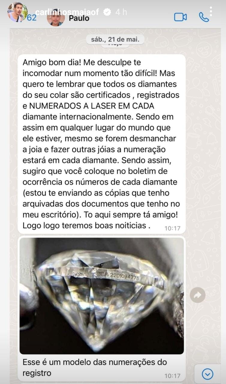 Carlinhos Maia sobre diamantes roubados (Foto: Instagram)
