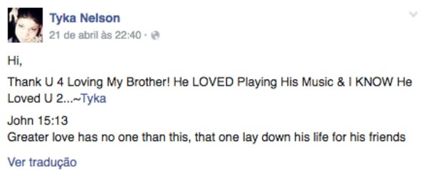 Tyka Nelson agradeceu o apoio pela morte de Prince (Foto: Facebook)