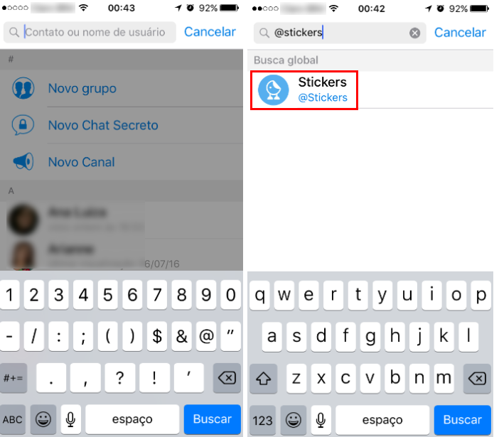 Encontre o bot "@Stickers" na barra de busca de usuários do Telegram (Foto: Reprodução/Daniel Ribeiro)