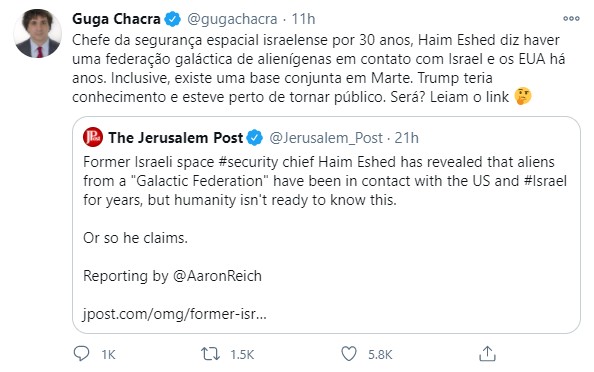 Jornalista brasileiro Guga Chacra compartilhou a notícia com certadesconfiança (Foto: reprodução)