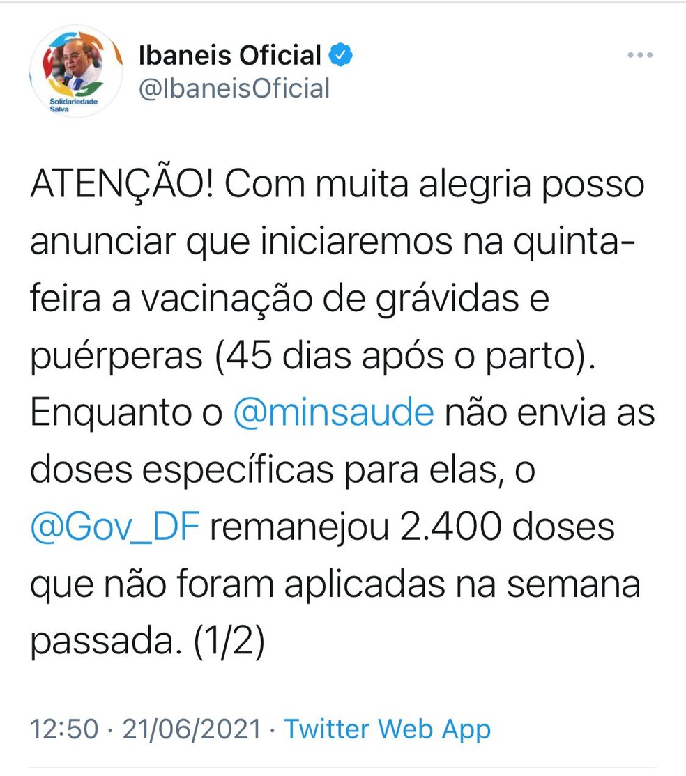 Ibaneis Rocha anuncia vacinação contra Covid para grávidas e puérperas — Foto: Twitter/Reprodução