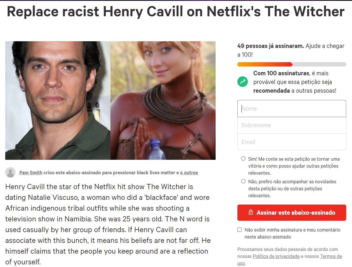 Petição para remover Henry Cavill do elenco da série The Witcher devido ao envolvimento dele com a executiva Natalie Viscuso (Foto: Reprodução)