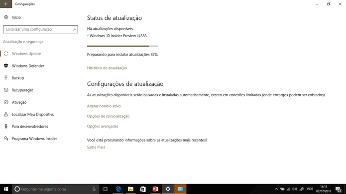 Build 14383 do Windows 10 já pode ser baixada por participantes do Windows Insider (Foto: Reprodução/Elson de Souza)