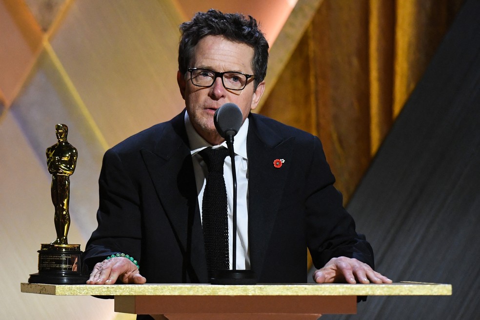 Michael J. Fox agradece seu Oscar honorário — Foto: Valerie Macon/AFP