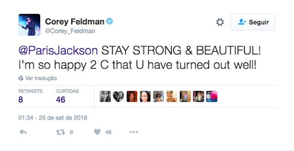 A resposta de Corey Feldman a Paris Jackson (Foto: Twitter)